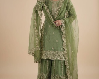 Schöne Designer Pista Grün Salwar Kameez mit Dupatta für Frauen, Hochzeit Sharara, Top-Palazzo, Indischer Ethnic, Pakistanischer Sharara Anzüge