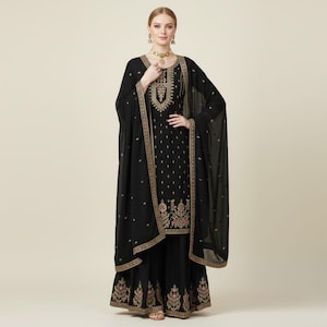Off-White Sharara Suit, Chinon Silk, Embroidery Sequence Work, Pakistani Salwar Kameez image 4