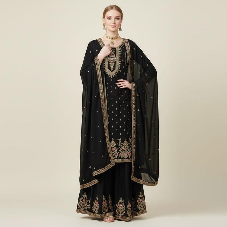 Off-White Sharara Suit, Chinon Silk, Embroidery Sequence Work, Pakistani Salwar Kameez image 4