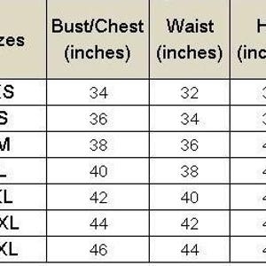 May include: A size chart with measurements in inches for bust/chest, waist, and hip. Sizes range from XS to 3XL, with corresponding measurements. The chart is on a beige background.