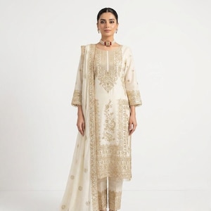 white and gold dress pants York White Shawl Lapel Three Pieces Prom Suits With Golden Beading