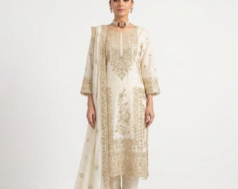 パキスタン製オフホワイトのシノンシルクスーツ、スパンコール刺繍のドゥパッタセット