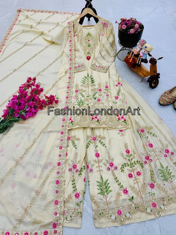 Off-White Color Designer Wedding Salwar Kameez with Dupatta for Women, Sharara Suit, Top-Palazzo, Indian Ethnic Suit, Pakistani Suit, Dress