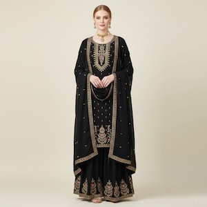 Off-White Sharara Suit, Chinon Silk, Embroidery Sequence Work, Pakistani Salwar Kameez Black