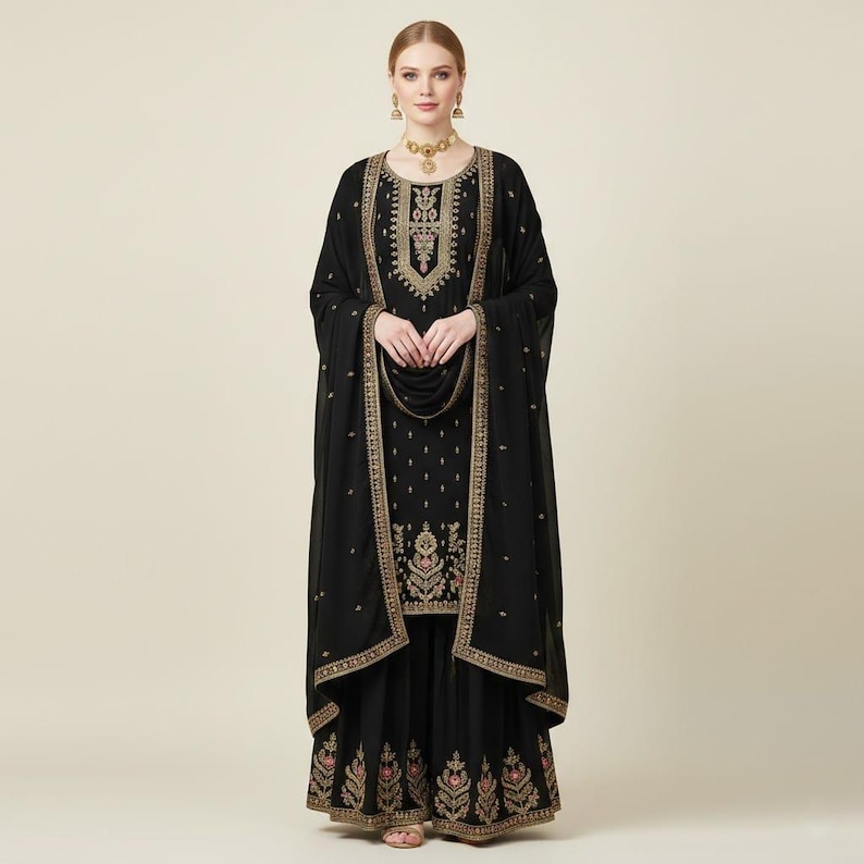Off-White Sharara Suit, Chinon Silk, Embroidery Sequence Work, Pakistani Salwar Kameez Black