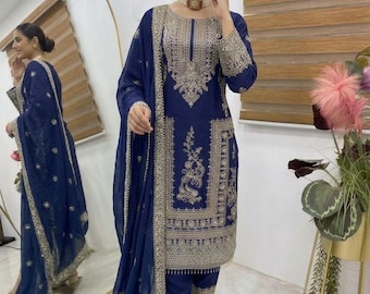 Pakistani Royal Blue Designer Party Wear Salwar Kameez with Dupatta for Women, Sharara Suit, Top-Palazzo, Indian Ethnic Suit, Pakistani Suit
