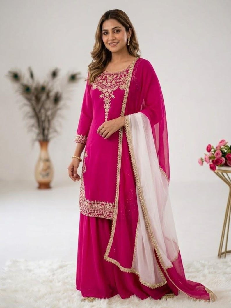Pakistansk designer i mjukt siden broderat med sekvensarbeten Salwar Kameez med Dupatta, pakistansk kostym, damkostym i palazzo, brudklänning Rani Pink