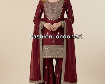Pakistani Designer Party Wear Salwar Kameez with Dupatta for Women, Sharara Suit, Top-Palazzo, Indian Ethnic Suit, Pakistani Suits, Eid Suit