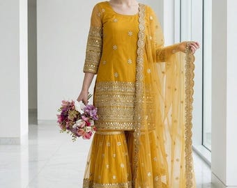 Pakistani Designer Party Wear Yellow Salwar Kameez with Dupatta for Women, Sharara Suit, Top-Palazzo, Indian Ethnic Suit, Pakistani Suits