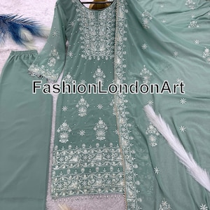 Women&#39;s Mint Green Color Designer Wedding Salwar Kameez with Dupatta for Women, Sharara Suit, Top-Palazzo, Indian Ethnic, Pakistani Suit
