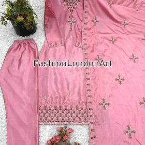 Designer Pink Color Embroidered with Sequence Work Salwar Kameez With Dupatta, Pink Wedding Suit, Women Sharara, Party Wear Suit, Eid Suit