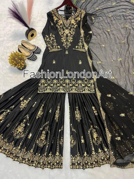 Women's Black Designer Wedding Salwar Kameez with Dupatta for Women, Sharara Suit, Top-Palazzo, Indian Ethnic, Pakistani Suit, Black sharara
