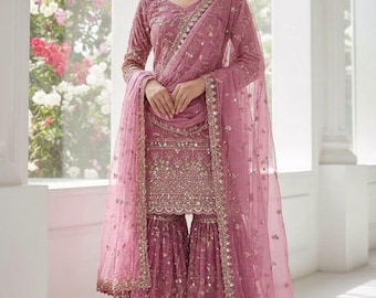 Beautiful Pink Designer Heavy Embroidery with sequence work Salwar Kameez with Dupatta for Women, Sharara Palazzo Suits, Pakistani Suit Eid