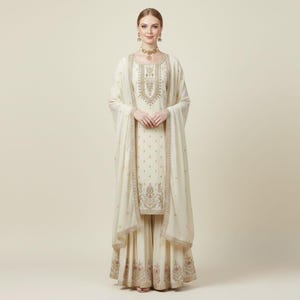 Salwar Kameez de diseñador para boda en color blanco roto con dupatta para mujer, traje sharara, top palazzo, traje étnico indio, traje pakistaní, vestido