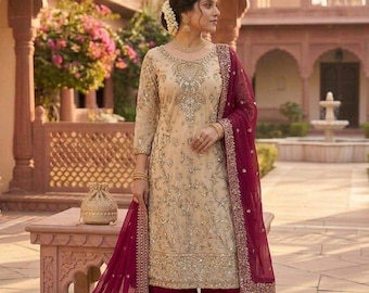 Pakistani Designer Party Wear Salwar Kameez with Dupatta for Women, Sharara Suit, Top-Palazzo, Indian Ethnic Suit, Pakistani Suits, Eid Suit