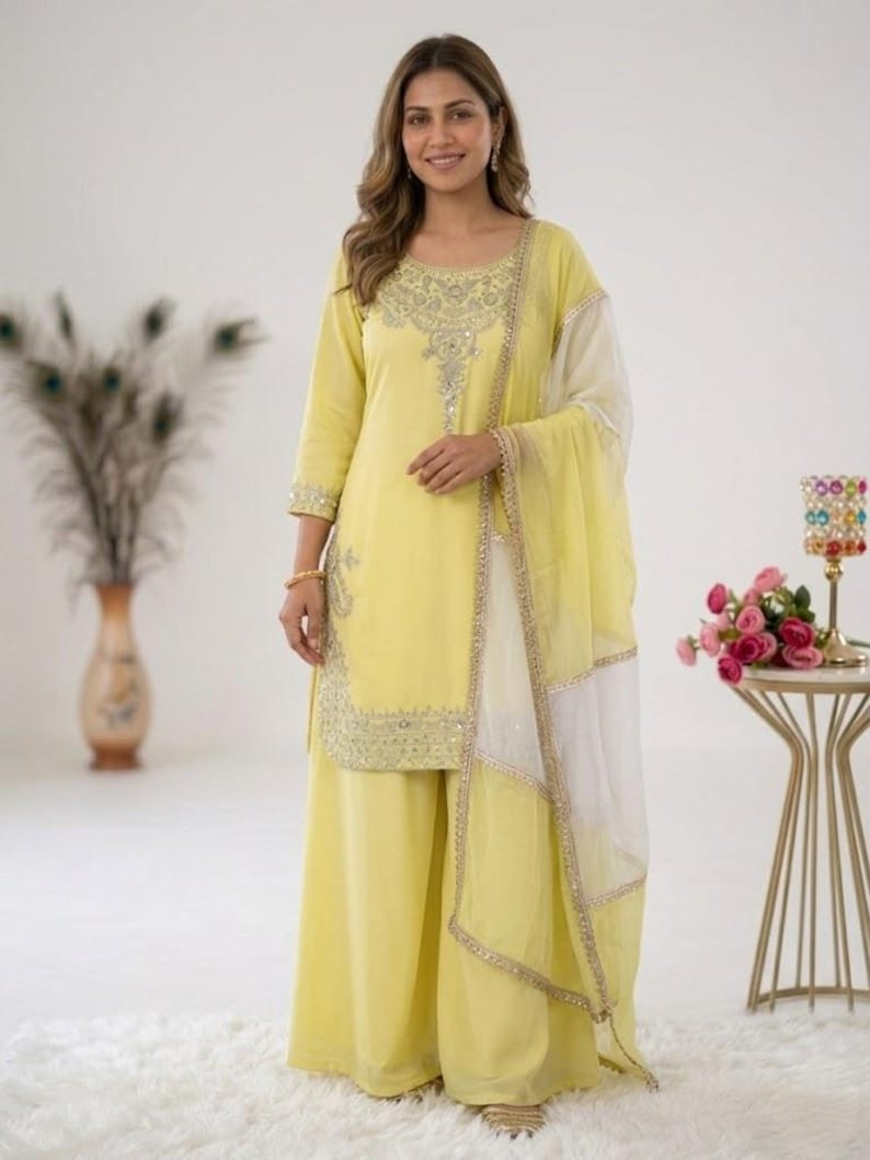Pakistansk designer i mjukt siden broderat med sekvensarbeten Salwar Kameez med Dupatta, pakistansk kostym, damkostym i palazzo, brudklänning bild 2