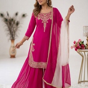 Pakistansk designer i mjukt siden broderat med sekvensarbeten Salwar Kameez med Dupatta, pakistansk kostym, damkostym i palazzo, brudklänning bild 5