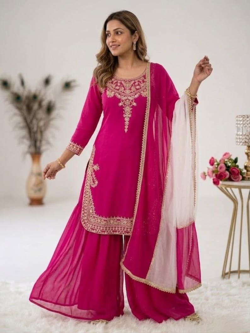 Pakistansk designer i mjukt siden broderat med sekvensarbeten Salwar Kameez med Dupatta, pakistansk kostym, damkostym i palazzo, brudklänning bild 5
