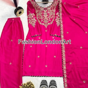 Pink Designer Satin Silk Salwar Kameez with Dupatta for Women, Wedding Sharara Suit, Top pant set, Indian Suit, Pakistani Suit, Indian Dress