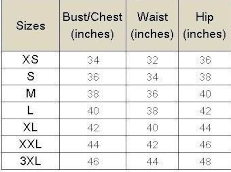 May include: A size chart with measurements in inches for bust/chest, waist, and hip. Sizes range from XS to 3XL, with corresponding measurements. The chart is on a beige background.
