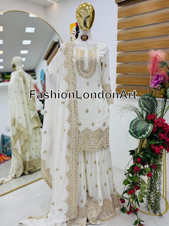 Pakistani Designer White Color Salwar Kameez with Dupatta for Women, Wedding Sharara, Top-Palazzo, Indian Ethnic, Pakistani Sharara Suits
