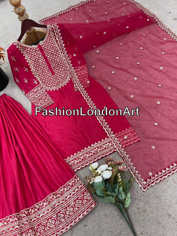 Embroidered Satin Silk Sharara Suit, Pakistani Party Wear, Dupatta