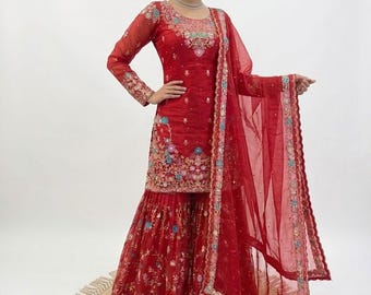 Red Soft Silk Sharara Suit, Heavy Embroidery Sequence Work, Ready to Wear Set