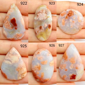 Puede incluir: Seis piedras preciosas cabujón pulidas etiquetadas del 922 al 927. Cada piedra presenta una base translúcida gris claro o blanca con inclusiones opacas de color melocotón, naranja y marrón rojizo. Las formas incluyen gotas y óvalos.