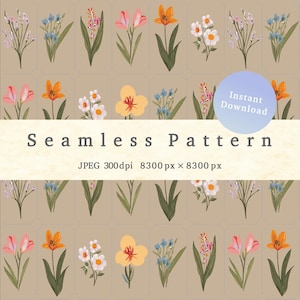 Seamless pattern with framed floral motifs, digital product, can be downloaded and printed on fabric or paper, JPG file, sand beige