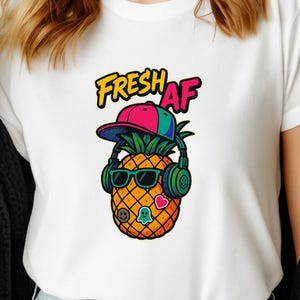 Zabawna koszulka z ananasem – Fresh AF Summer Graphic Tee, estetyka owoców Vaporwave z lat 90., hipsterska koszulka plażowa, kolorowy prezent z kreskówek