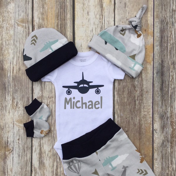 Airplane Plane Boys Coming Home Outfit, Personalized Baby Boy Outfit, Take Home Newborn Outfit, Baby Shower Gift, Boy Layette and Hat Set