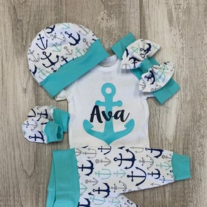 Nautical Baby Girl Coming Home Outfit, Personalized Anchor Baby Set, Cruise Infant Outfit, Lake Beach,  Baby Girl Shower Gift