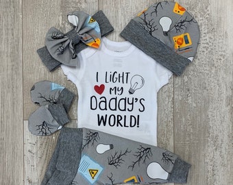 Baby Girl Electrician Coming Home Outfit, Baby Shower Gift, Electric Electrician Daddy Baby Girl Set