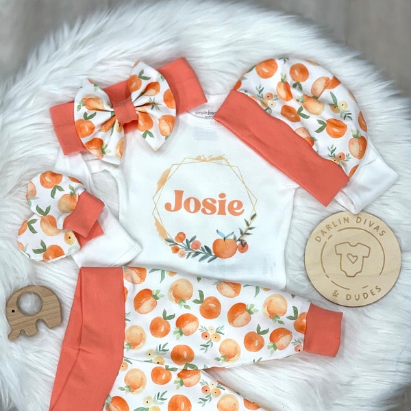 Peach Personalized Girl's Coming Home Outfit,  Newborn Baby Girl Outfit, Take Home Newborn Outfit, Girl Layette, Baby Shower Gift, Peachy