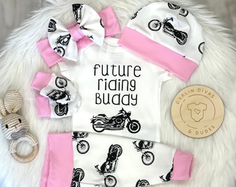 Motorcycle Infant Outfit, Coming Home Baby Girl Outfit, Take Home Newborn Outfit, Girl Layette and Bow Set, Riding Buddy, Baby Shower Gift