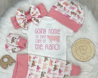 Girls Ranch Coming Home Outfit, Going Home to Take Care Ranch Baby Set, Cow Custom Newborn ,  Baby Shower Gift, Farm Country Girl Layette