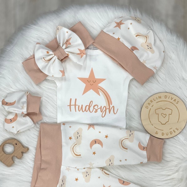 Moon Stars Boho Baby Girl's Coming Home Outfit, Personalized