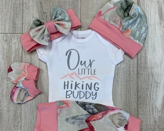 Hiking Buddy Girls Coming Home Outfit, Pink Gray Girls Baby Set, Custom Newborn Hospital,  Baby Shower Gift,  Layette