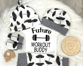 Daddy's Mommy's Workout Buddy Baby Outfit, Future Workout Buddy Coming Home Baby Boy Outfit, Take Home Newborn Outfit, Baby Boy Weight