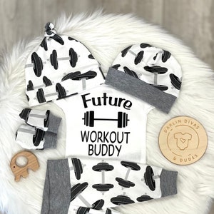 Daddy's Mommy's Workout Buddy Baby Outfit, Future Workout Buddy Coming Home Baby Boy Outfit, Take Home Newborn Outfit, Baby Boy Weight