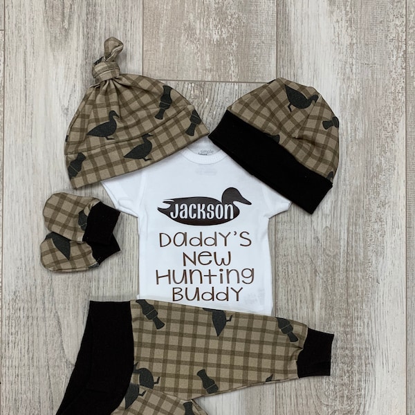 Boys Going Home Outfit, Duck Hunting, Daddy's Hunting Buddy Personalized Baby Boy Outfit,Baby Shower Gift, Baby Boy Layette Hat Set