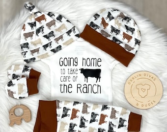 Boy Cow Ranch Coming Home Outfit, Going Home to Take Care of Ranch Baby Boy Outfit, Newborn Outfit, Baby Shower Gift, Little Cowboy