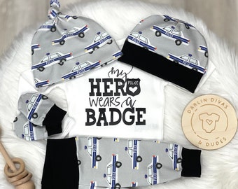 Police Baby Boy Coming Home Outfit, Policeman My Hero Wears a Badge Outfit