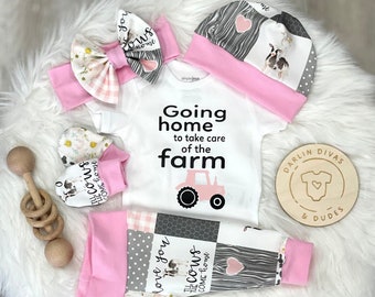 Girls Farm Coming Home Outfit, Going Home to Take Care Farm Baby Set, Cow Custom Newborn ,  Baby Shower Gift, Farm Country Girl Layette