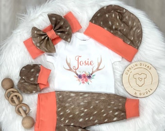 Girls Fawn Deer Coming Home Outfit, Personalized