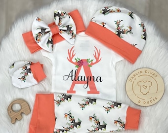 Girls Coming Home Outfit, Personalized Floral Deer Girls Baby Set, Custom Newborn Hospital,  Baby Shower Gift, Floral Antlers Layette