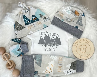 Boys Coming Home Outfit, Let the Adventure Begin Baby Boy Outfit, Take Home Newborn Outfit, Baby Shower Gift, Boy Layette and Hat Set