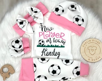 Soccer Girls Coming Home Outfit, New Player Personalized Baby Outfit,  Take Home Newborn Outfit, Baby Shower Gift, Custom Layette Set