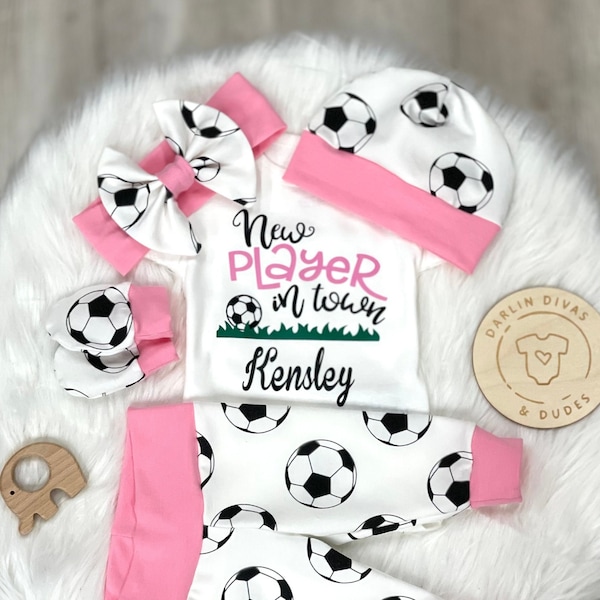 Soccer Girls Coming Home Outfit, New Player Personalized Baby Outfit,  Take Home Newborn Outfit, Baby Shower Gift, Custom Layette Set