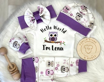 Owl Girls Coming Home Outfit, Personalized Baby Set, Purple Lilac Custom Newborn Hospital,  Baby Shower Gift, Photo Prop, Owl Layette,